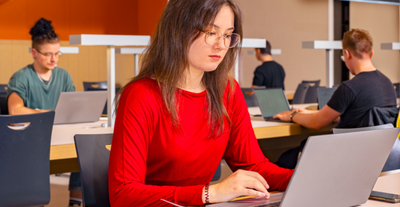 Person im roten Pullover schreibt am Laptop