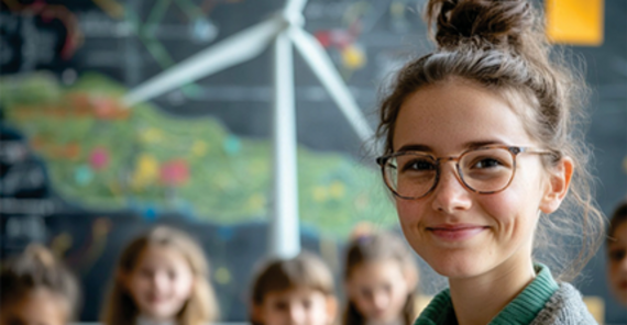 Mädchen mit Brille schaut in die Kamera. Hinter ihr arbeitet eine Schulklasse im Klassenzimmer.